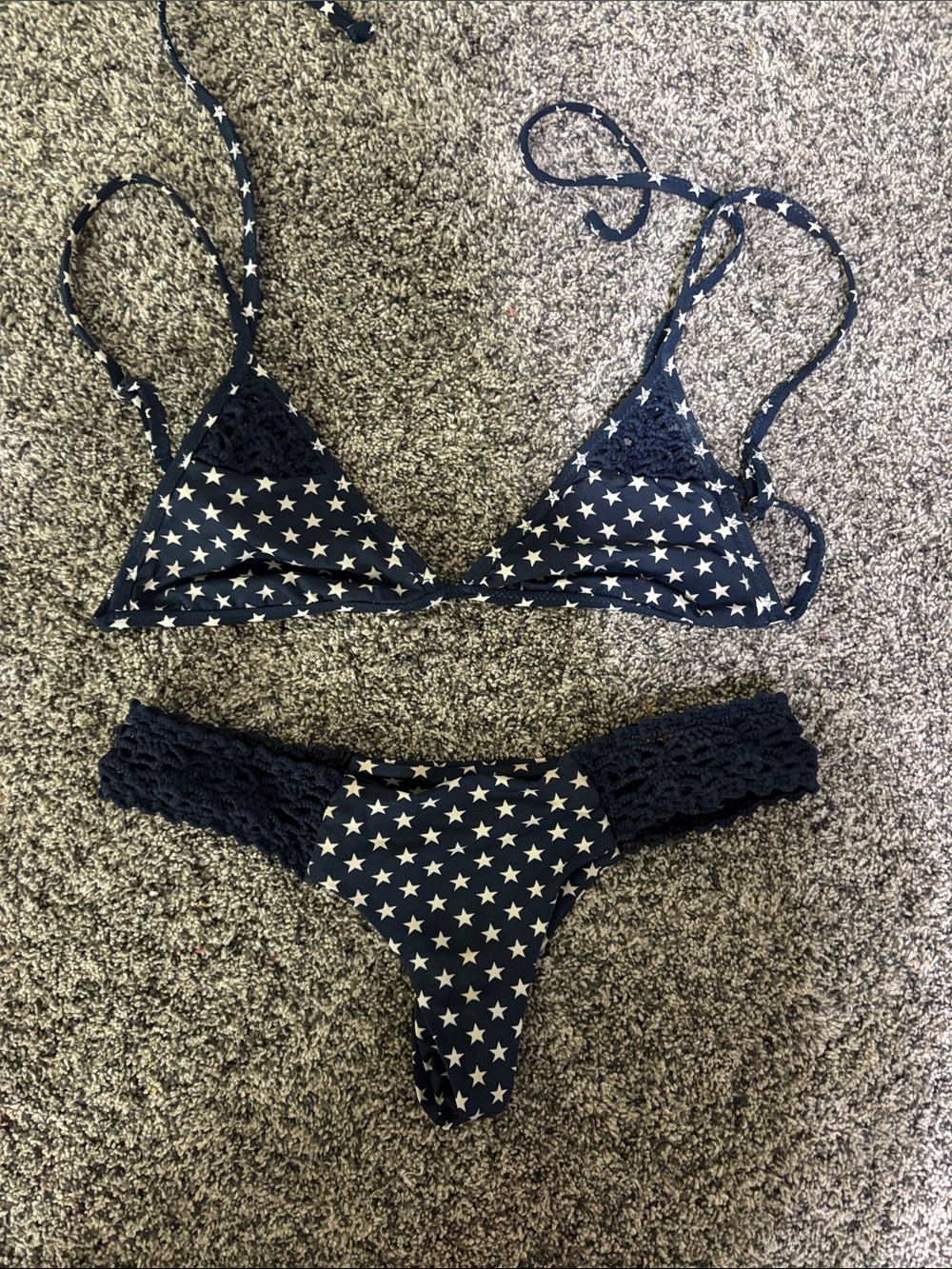 Frankie's Bikinis Navy Blue Star Print Crochet Side Bikini - Picture 7 of 9